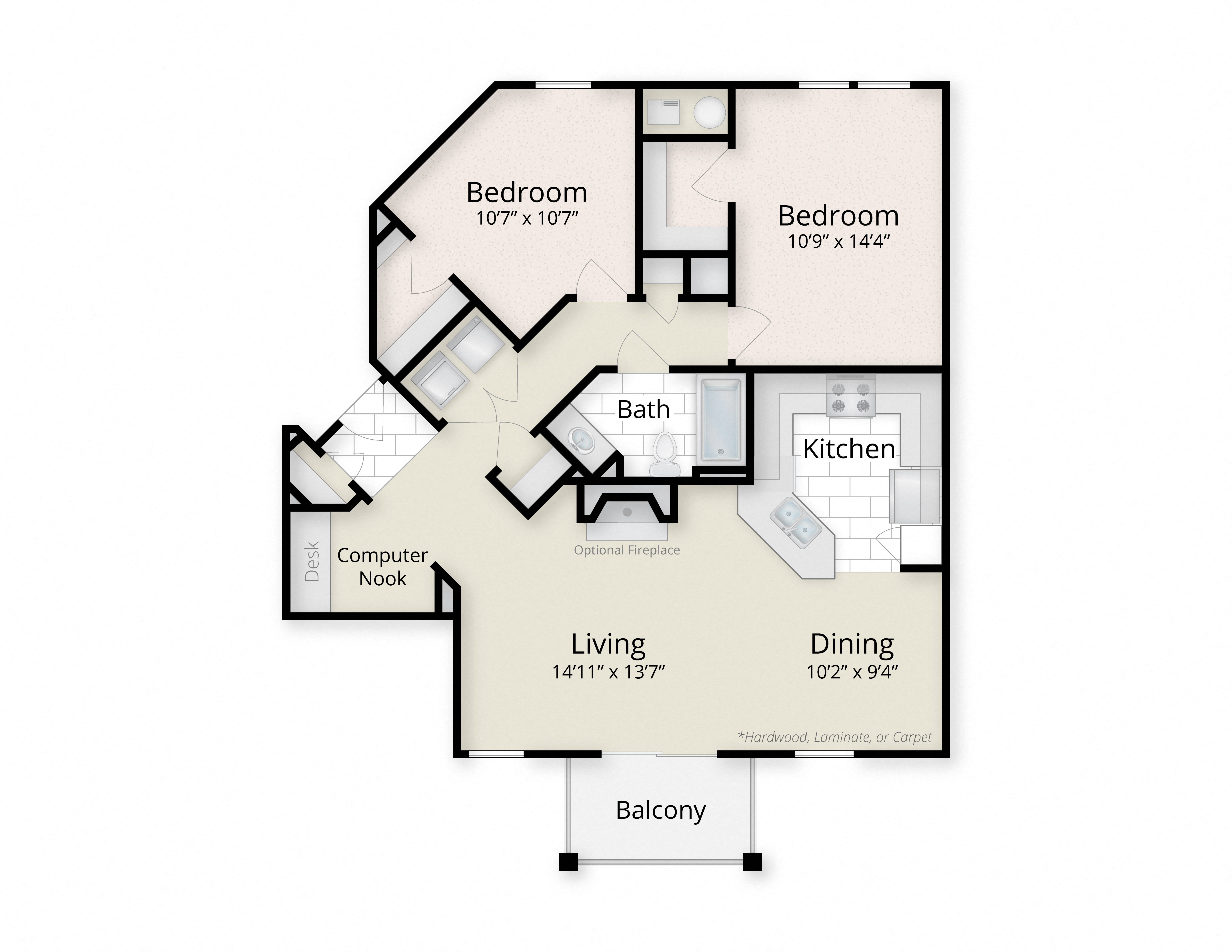 Floor plan for 2 beds, 1 bath, 1048 sqft